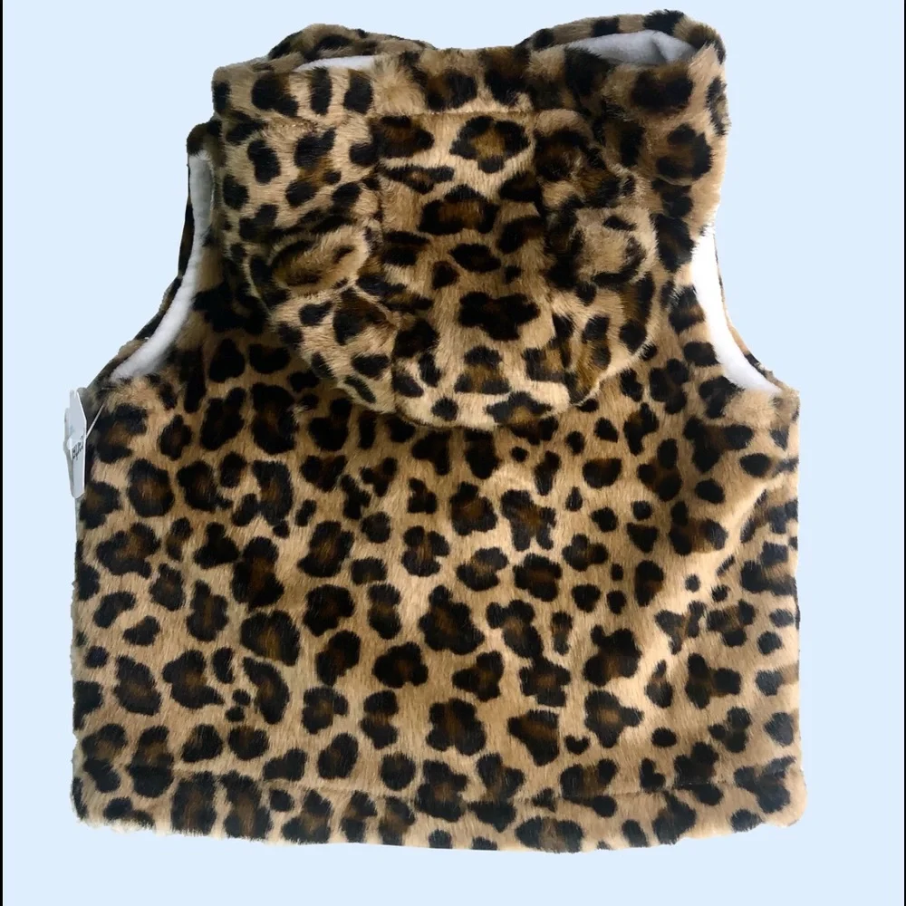 Carter’s Leopard Fur Hooded Zippered Vest & Long Sleeve Tee Dress Size 9 -12 mo.